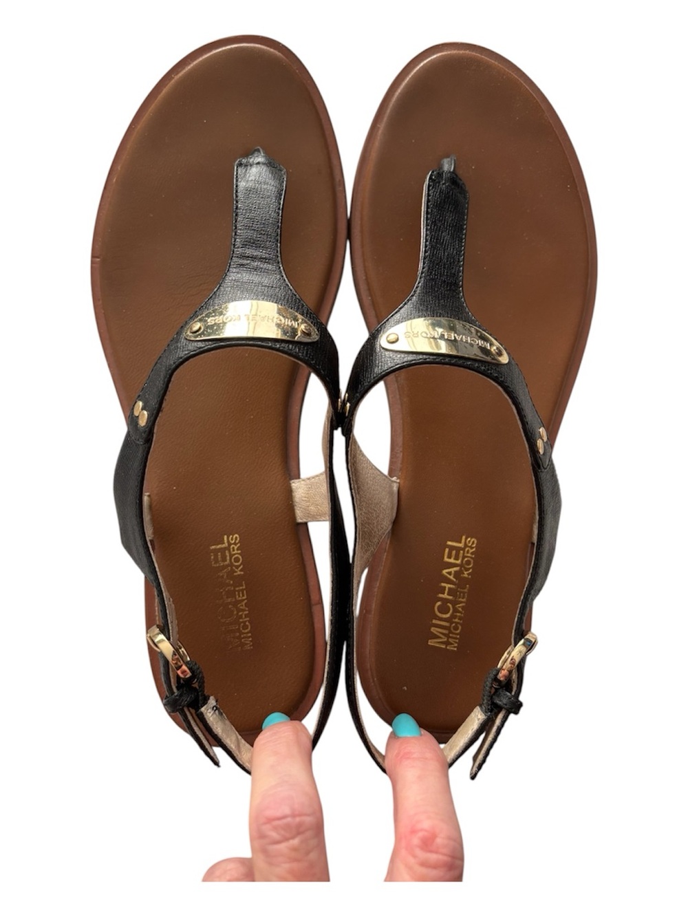 MICHAEL Michael Kors MK Plate Leather Flat Thong Sandals Black Gold Size 10
